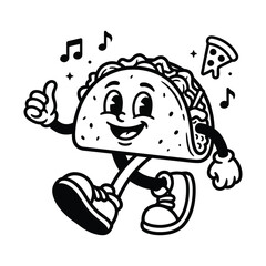 Naklejka premium Happy Retro Cartoon Taco Character Dancing with Music Notes and Pizza Slice