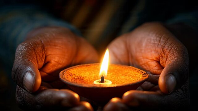 Hands holding a burning clay diya lamp for traditional prayer in India