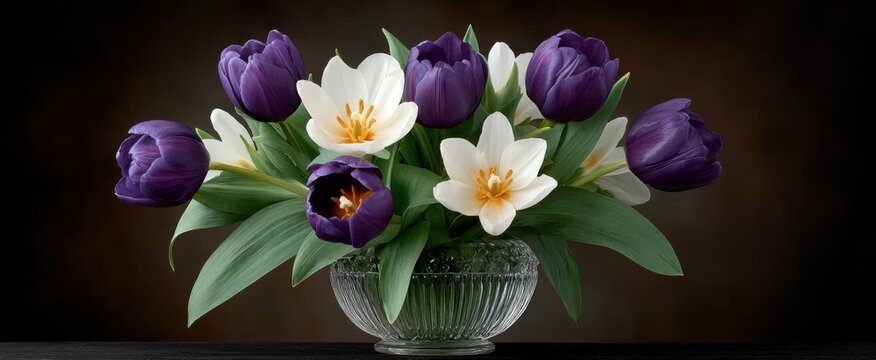 Karangan bunga tulip ungu dan lili putih dalam vas kristal bergaya modern