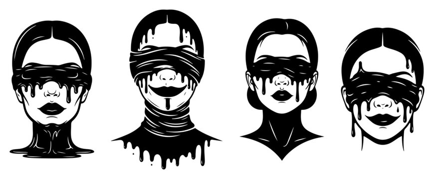 Female faces with eyes covered by melting black blindfolds minimalist vector style