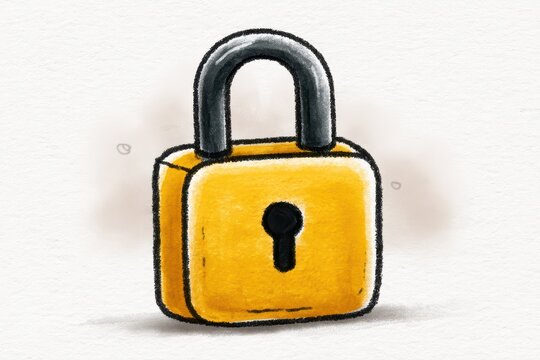 A simple, hand-drawn illustration of a bright yellow padlock with a black shackle and keyhole, on a textured background.