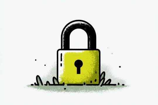 A bright yellow padlock icon with a black shackle stands on a textured green surface with scattered dots and stylized grass.