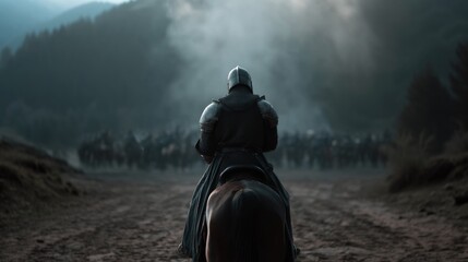 Naklejka premium back view of knight riding horse with sword on the battlefield