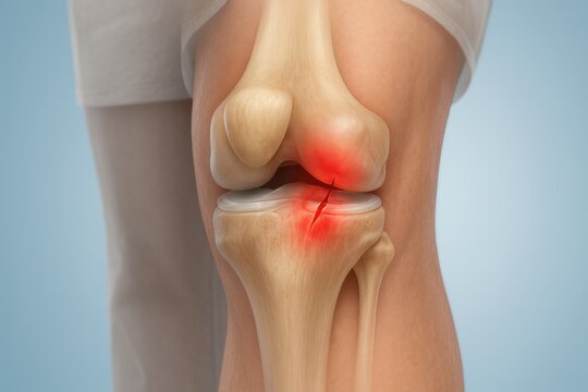 3D medical anatomical close-up view of knee showing meniscus tear with vivid red halo around clear radial or longitudinal split, realistic visualization of medial and lateral menisci and joint injury