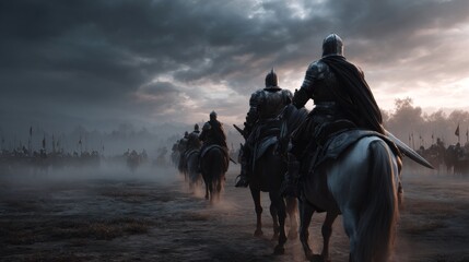 Naklejka premium battlefield with medieval knights with swords riding horses