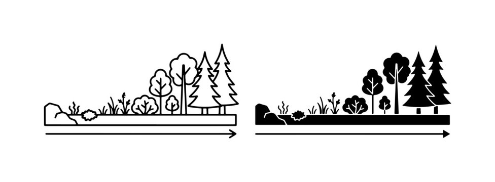 Minimalist Forest Ecosystem Icons, Nature Landscape Elements, Vector Trees and Plants, Growth Stages, Environmental Concepts
