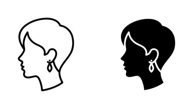 Woman Profile Icon Set, Female Silhouette Vector, Elegant Earring Illustration, Minimalist Head Outline, Beauty and Fashion Graphics