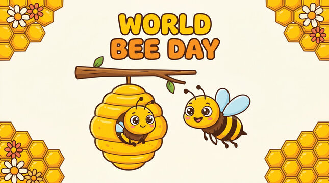 cute cartoon illustration of bees and a beehive for world bee day celebration