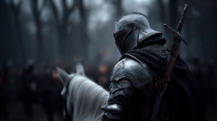 Naklejka premium medieval knight riding horse on the battlefield