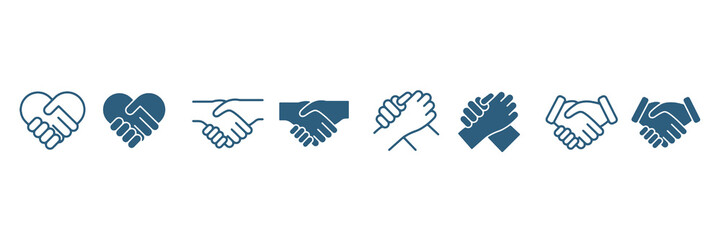Obraz premium Handshake icon set. Business agreement handshake symbol. Friendly, partnership deal handshake line and silhouette sign. Transparent png and vector illustration.