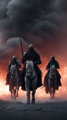 Naklejka premium knights riding horses with swords on the burning battlefield