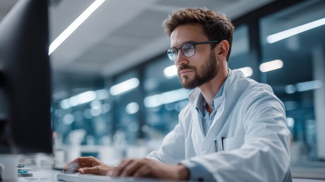man scientist in white uniform works with computer in a modern laboratory