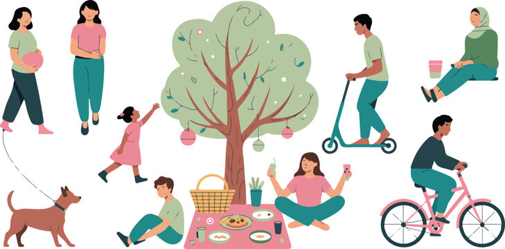 Spring activities semi flat color vector character set with Easter themed people poses, modern cartoon illustration collection for graphic design