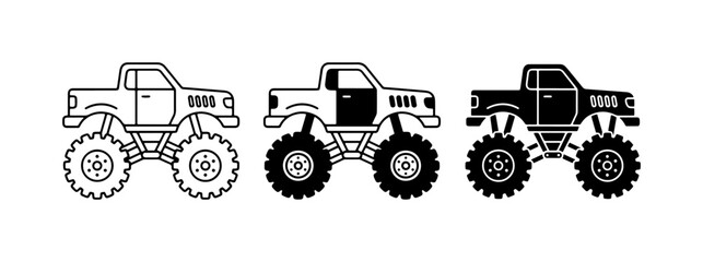 Monster Truck Icons, Off-Road Vehicle Graphics, Extreme Sports Transportation Vector Set © Faruk