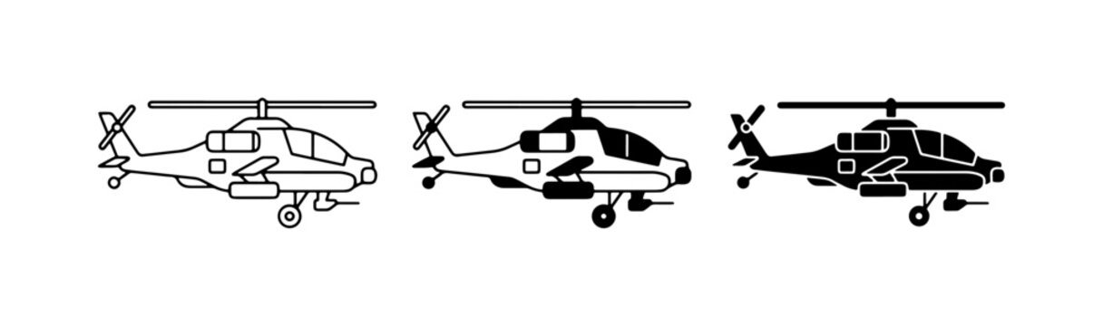 Military Attack Helicopter Icons, Vector Graphics Set, Combat Aircraft Silhouettes, Aviation Art