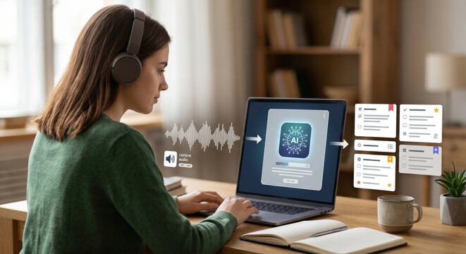 Student using AI to convert lecture audio into study checklist, showing clear academic workflow, learning organization, and practical revision support.
