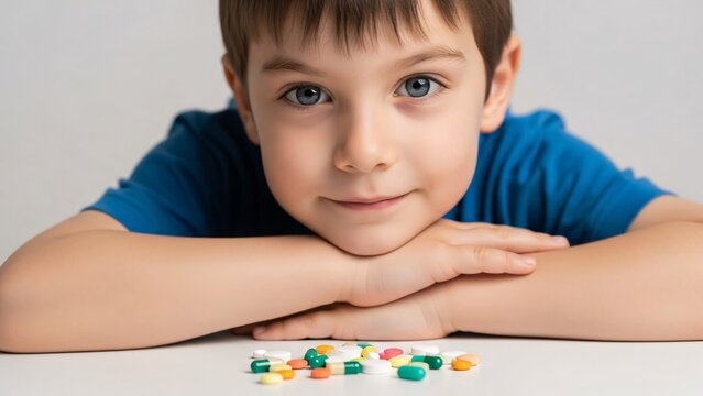 Young boy resting his head on his arms looking at colorful pills and tablets spread out on a table in a bright room with a neutral background ideal for health medication and pharmaceutical themes