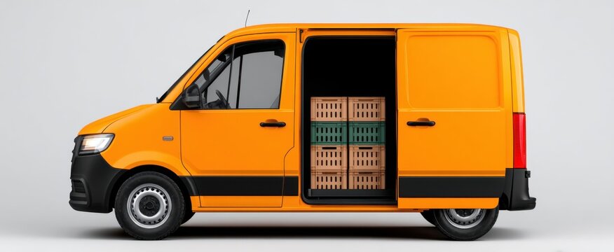 Cargo van with open rear door and plastic crates for logistics on white background