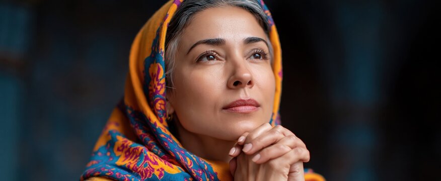 Devout Middle Eastern woman in a colorful hijab engaged in prayer at a mosque.