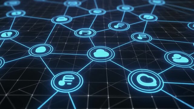 Futuristic digital network with interconnected communication icons, representing blockchain technology, data sharing, cybersecurity, and global online connectivity systems