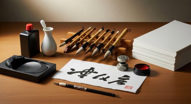 Traditional Chinese calligraphy set with brushes, ink, paper and Chinese script; representing Asian art and culture.