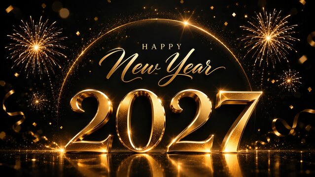 Premium 3D New Year 2027 Illustration with Black Gold Luxury Celebration Theme