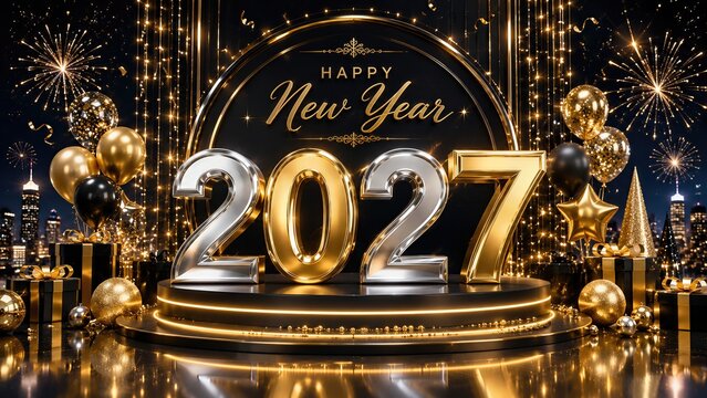 Premium 3D New Year 2027 Illustration with Black Gold Luxury Celebration Theme