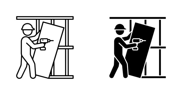 Construction Worker Icon Set, Drywall Installation, Building Renovation, Home Improvement, DIY Project, Vector Graphics