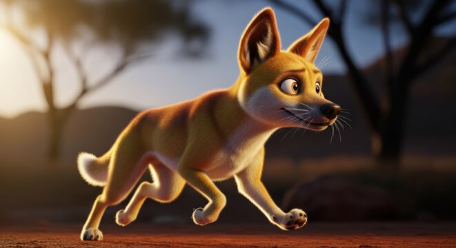 Cartoon style animation of a dingo dog running at twilight, illuminated by golden light in an outdoor setting.