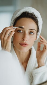 Woman grooming eyebrows with spoolie in front of mirror