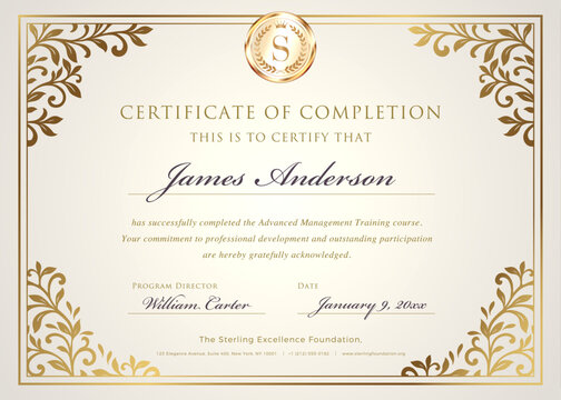 Elegant Certificate of Completion Template - Luxury Gold Floral Border Design
