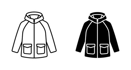 Hooded Jacket Vector Icons, Outline and Silhouette Styles, Casual Outerwear, Weather Protection Apparel, Two-Tone Fashion Illustration © Hasan
