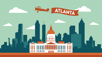 Atlanta Georgia skyline illustration with Capitol building and biplane banner © Tahphoto