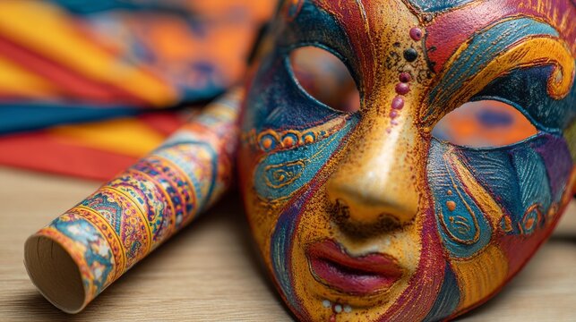 Close-up of Purim mask and gragger on table