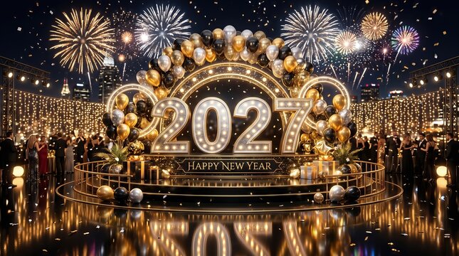 Premium 3D New Year 2027 Illustration with Black Gold Luxury Celebration Theme