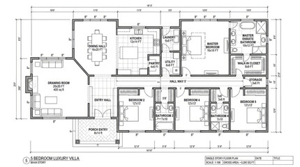 Fototapeta premium Detailed technical floor plan with labeled rooms and furniture layout blueprint