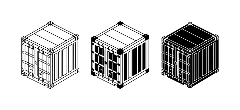 Shipping Container Icons, Isometric Cargo Boxes, Logistics Transport Units, Set of 3 Monochrome Vector Graphics for Global Trade and Storage Concepts