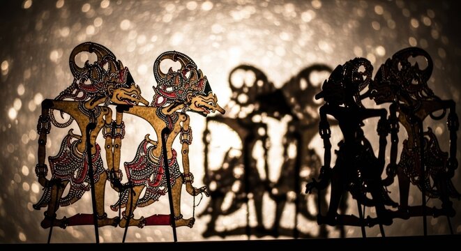 Intricate Wayang Kulit shadow puppets depicting figures from Indonesian culture, folklore and tradition with dramatic lighting.