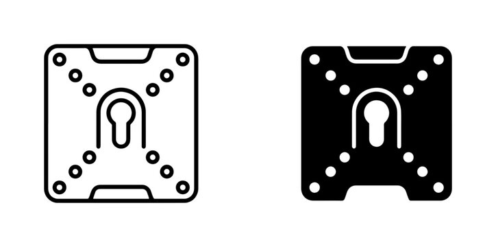 TV Wall Mount Bracket Icon Set, Flat Panel Display Mount Plate, VESA Mount Hardware, Universal Mounting Solution, Black and White Vector Graphics