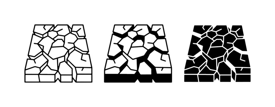 Cracked Earth Texture Icons, Dry Ground Patterns, Arid Landscape Graphics, Drought Surface Vector Set