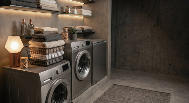 An industrial-style laundry room featuring raw concrete walls, stainless steel appliances, wire baskets, and minimalist shelving. Balanced with a warm desk lamp and neutral gray tones.
