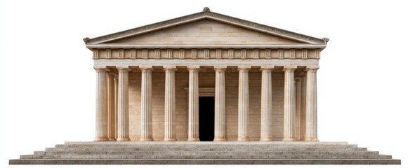 Naklejka premium Stunning isolated Greek temple features elegant Doric style facade in warm beige limestone against bright background