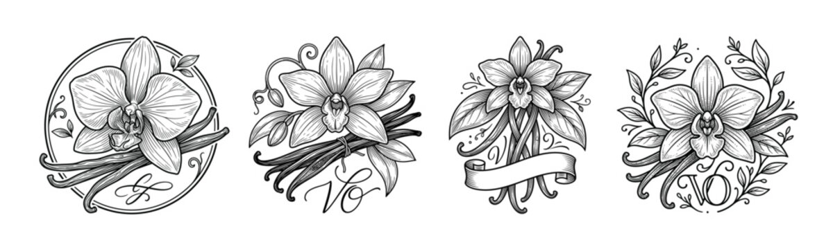 Elegant Vanilla Orchid Flower Monogram Collection with Decorative Botanical Frames and Hand Drawn Floral Initial Designs for Luxury Branding