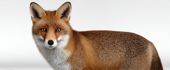Fototapeta premium Vigilant Lone Howling Fox reveals sharp fangs against a stark white background