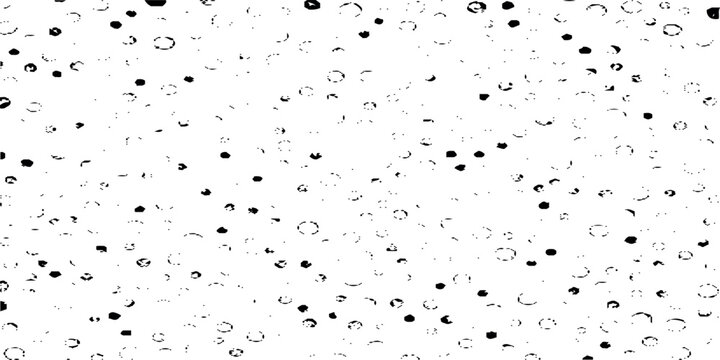 Black and white vector illustration of scattered dots and circles on a clean white grunge background for design and texture
