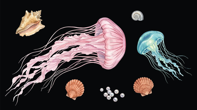 Watercolor jellyfish and seashell arrangement on black background