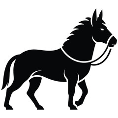 Fototapeta premium Black silhouette of a donkey standing with a harness isolated on white background