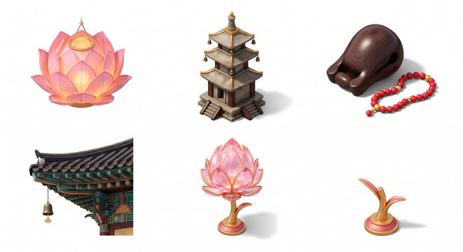 3D Isometric Korean Buddha's Birthday and Lotus Lantern Festival Asset Pack, Zen Temple Symbols and Pink Lotus, Isolated on White