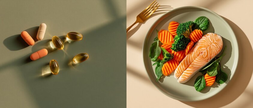 Omega-3 capsules and healthy meal with salmon, broccoli and carrots, symbolizing balanced nutrition and diet choice. Comparison of supplements and natural food for wellness, health and lifestyle conce