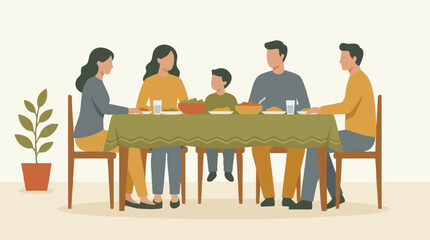 Fototapeta premium Family having dinner together at a table, flat illustration style